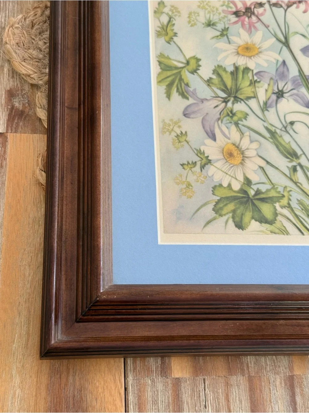Framed Botanical Print with Blue Mat and Warm Wood Frame